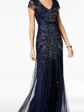 Adrianna Papell Beaded Godet Gown Navy Sz 14 Flutter Floor Length Formal Mermaid